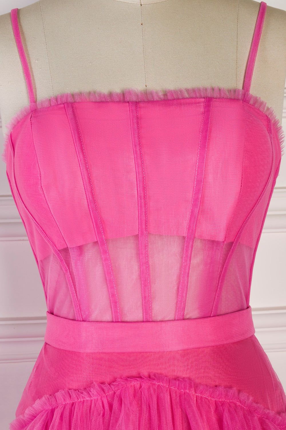 DingJiDress Elegant A Line Pink&nbsp; Straps Tiered Tulle Long Prom Dress Spaghetti