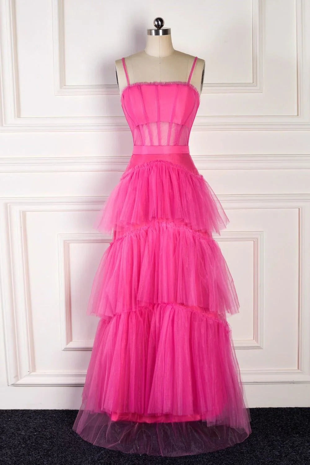 DingJiDress Elegant A Line Pink&nbsp; Straps Tiered Tulle Long Prom Dress Spaghetti