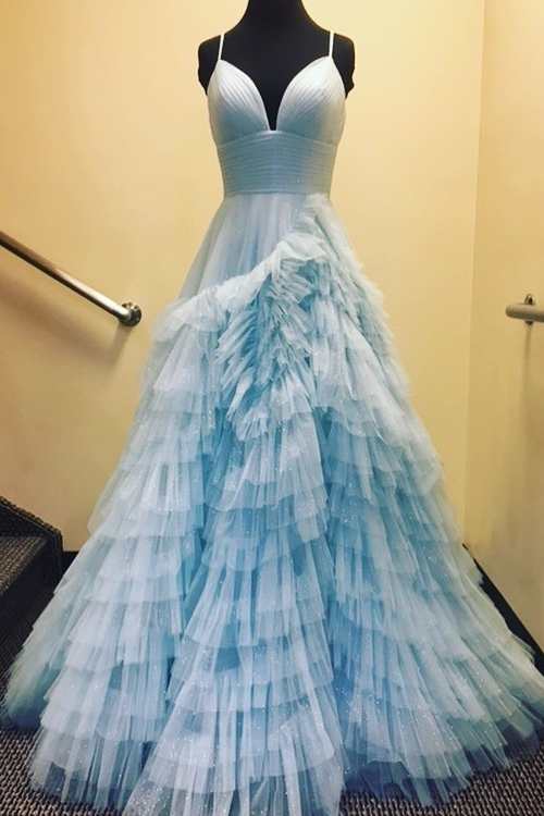 DingJiDress A-Line Tulle Tiered Princecss Prom Dress Spaghetti Straps