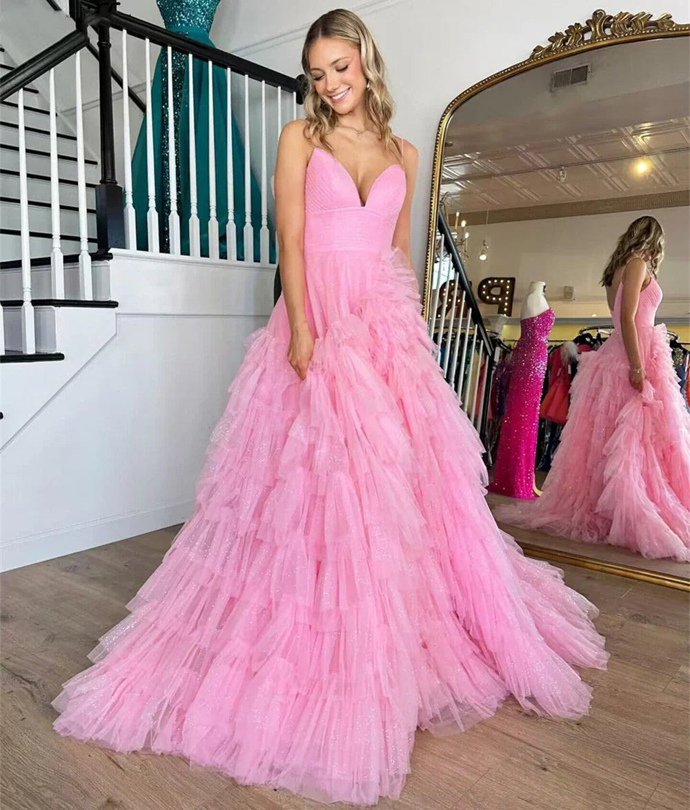 DingJiDress A-Line Tulle Tiered Princecss Prom Dress Spaghetti Straps