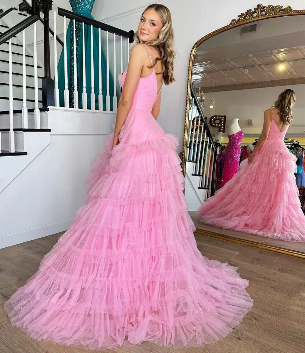 DingJiDress A-Line Tulle Tiered Princecss Prom Dress Spaghetti Straps