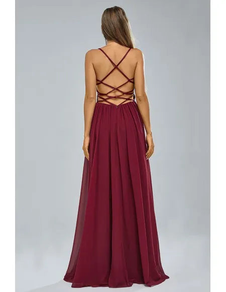 Straps Open Back Burgundy Chiffon Lace Long Party Dress with Slit
