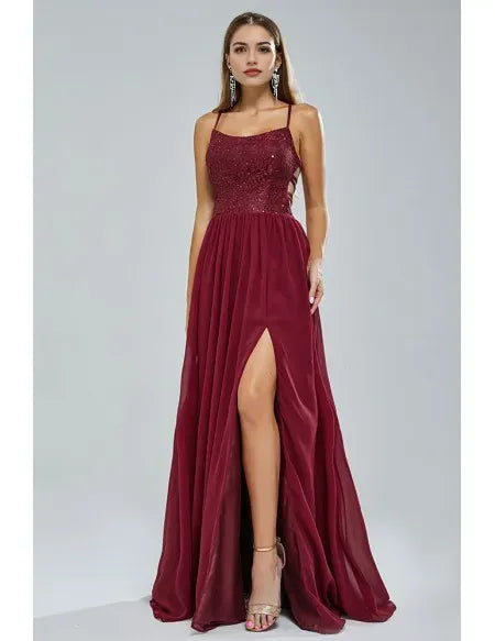 Straps Open Back Burgundy Chiffon Lace Long Party Dress with Slit