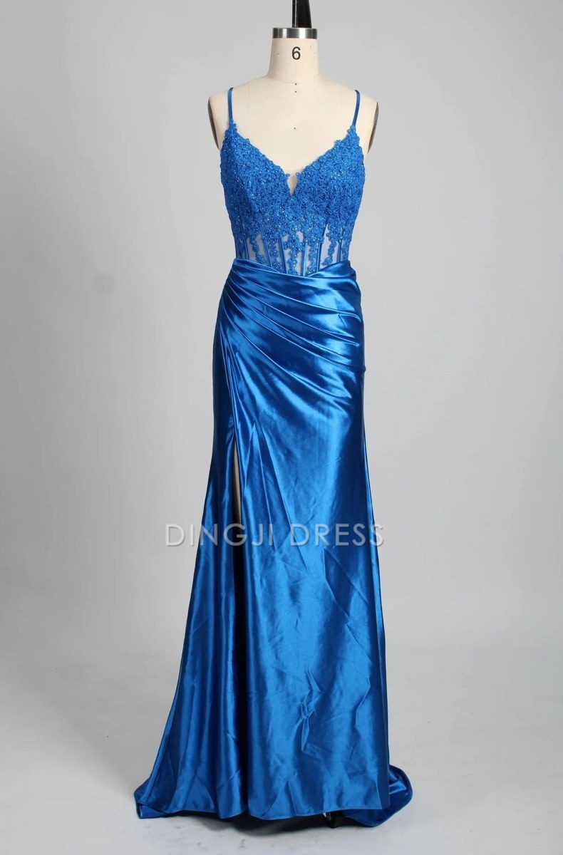 DingJiDress Formal Dress Mermaid Spaghetti Strap Appliques Satin Pleated With Slit Backless Elegant Prom Dress
