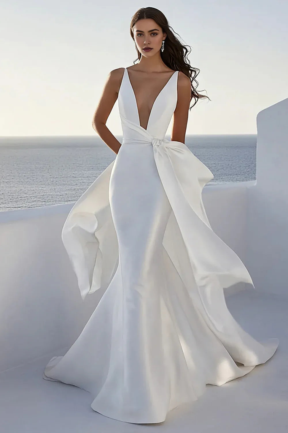 Streamer Satin Deep V-Neck Long Wedding Dress ﻿