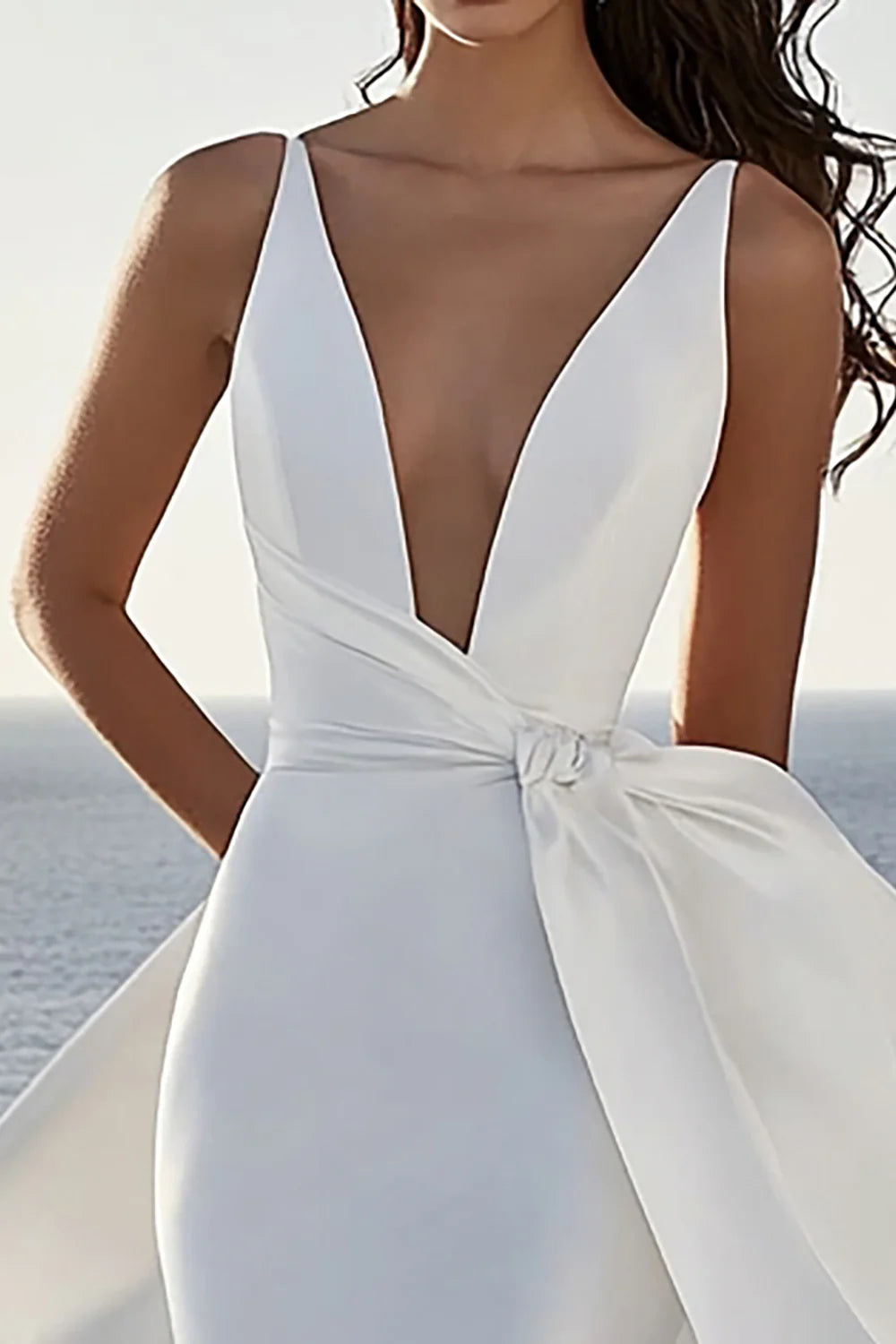 Streamer Satin Deep V-Neck Long Wedding Dress ﻿