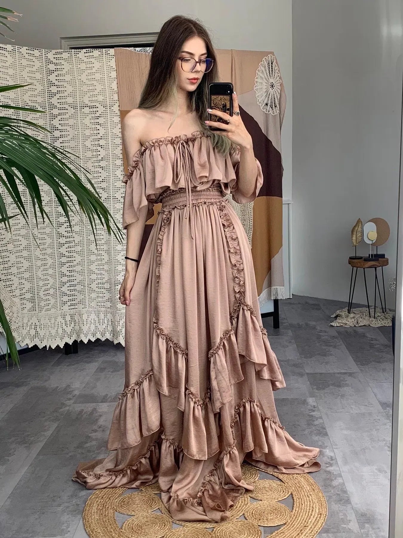 Stunning A-Line Off-The-Shoulder Cap Sleeve Ruffled Dusty Rose Floor-Length Prom Dress