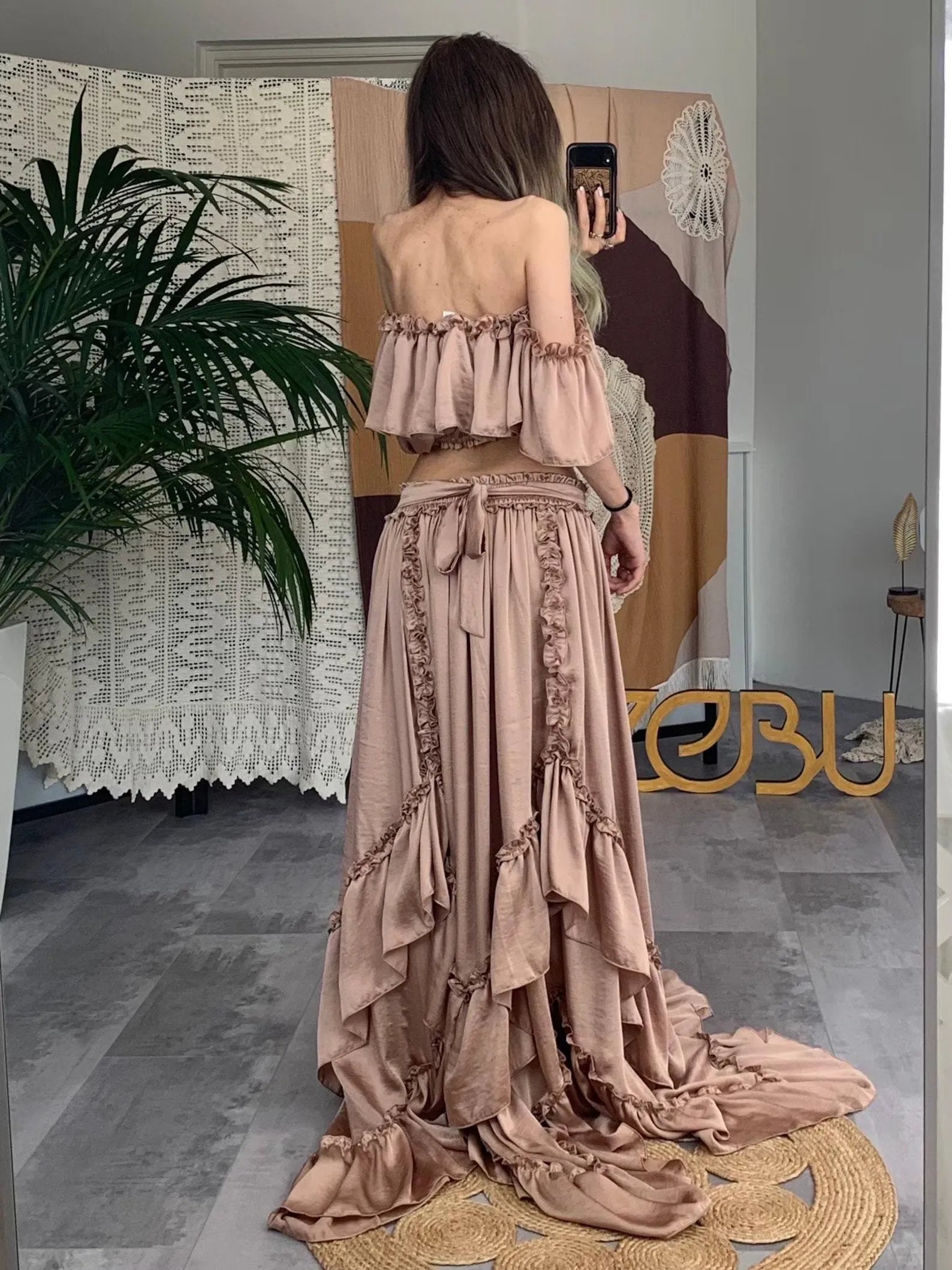 Stunning A-Line Off-The-Shoulder Cap Sleeve Ruffled Dusty Rose Floor-Length Prom Dress