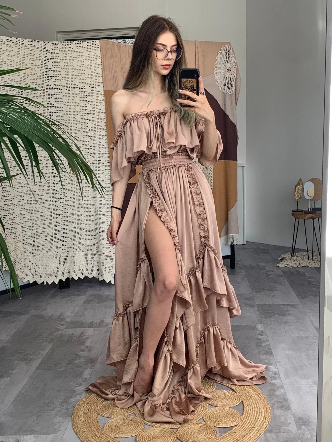 Stunning A-Line Off-The-Shoulder Cap Sleeve Ruffled Dusty Rose Floor-Length Prom Dress