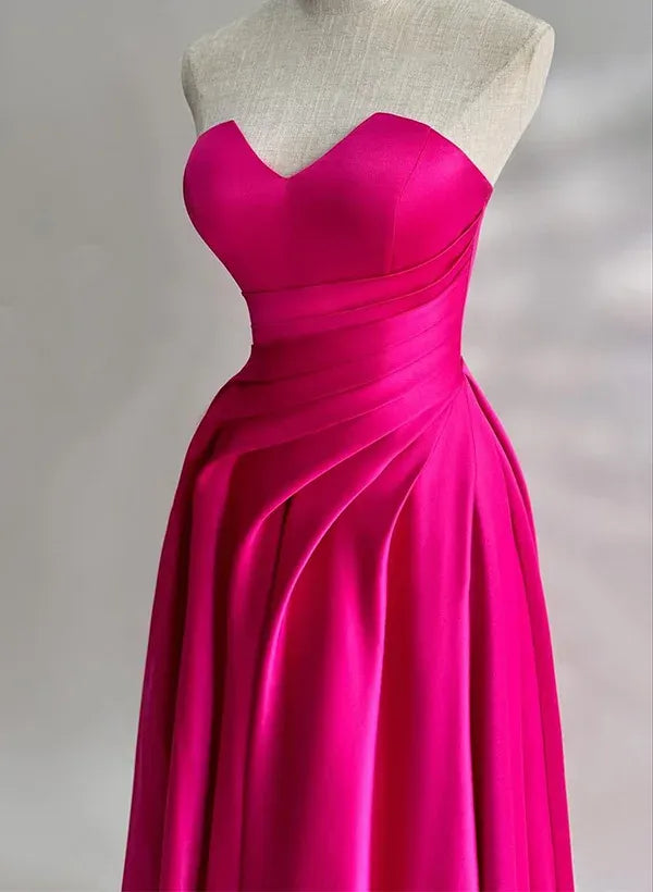 Stunning A-Line Strapless Sweetheart Ruched Satin Hot Pink Floor-Length Prom Dress