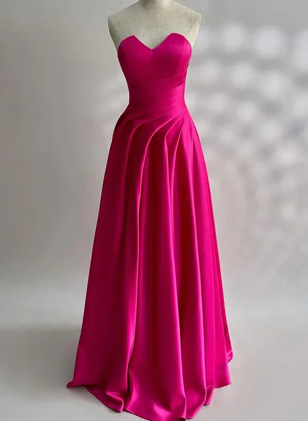 Stunning A-Line Strapless Sweetheart Ruched Satin Hot Pink Floor-Length Prom Dress