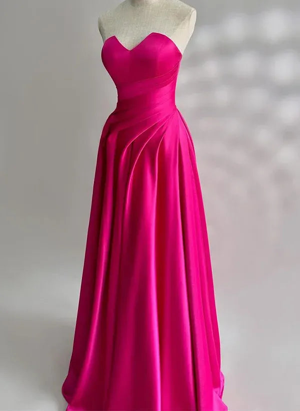 Stunning A-Line Strapless Sweetheart Ruched Satin Hot Pink Floor-Length Prom Dress