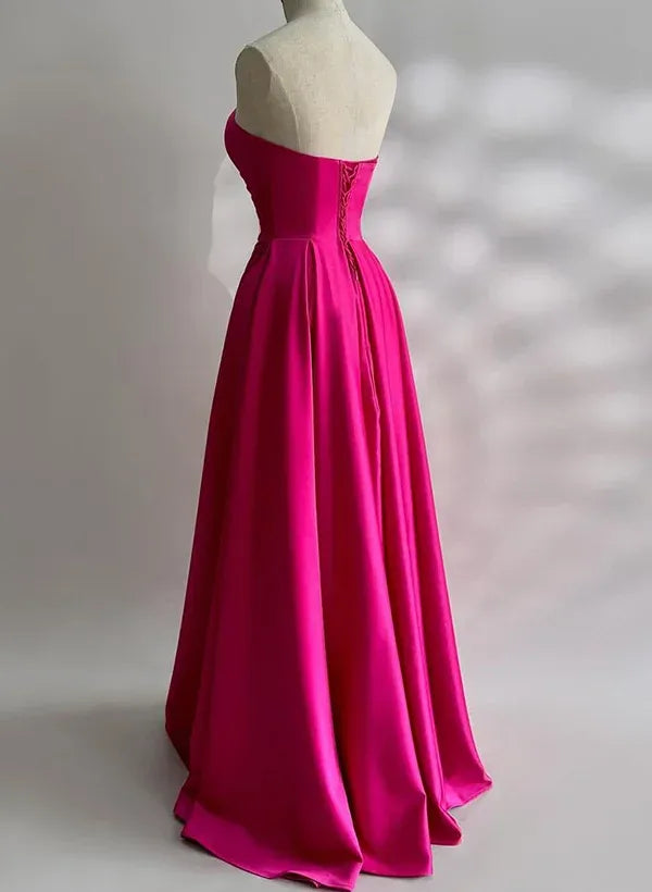 Stunning A-Line Strapless Sweetheart Ruched Satin Hot Pink Floor-Length Prom Dress
