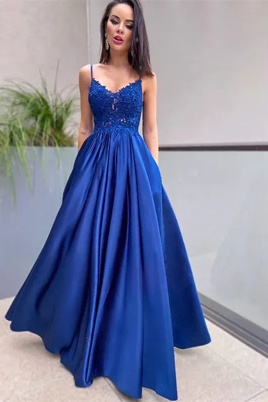 Stunning A-line Spaghetti Appliqued Blue Floor Prom Dress With Pocket Custom