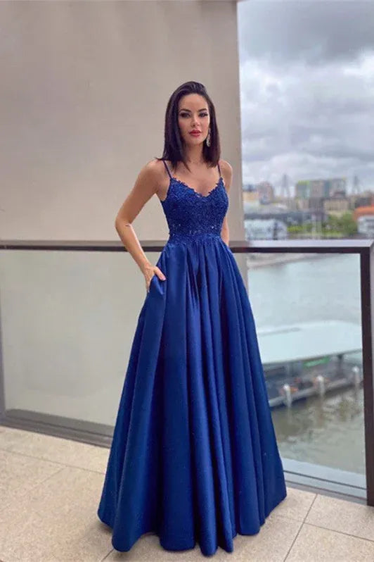 Stunning A-line Spaghetti Appliqued Blue Floor Prom Dress With Pocket Custom