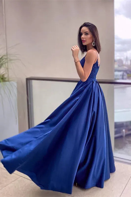 Stunning A-line Spaghetti Appliqued Blue Floor Prom Dress With Pocket Custom