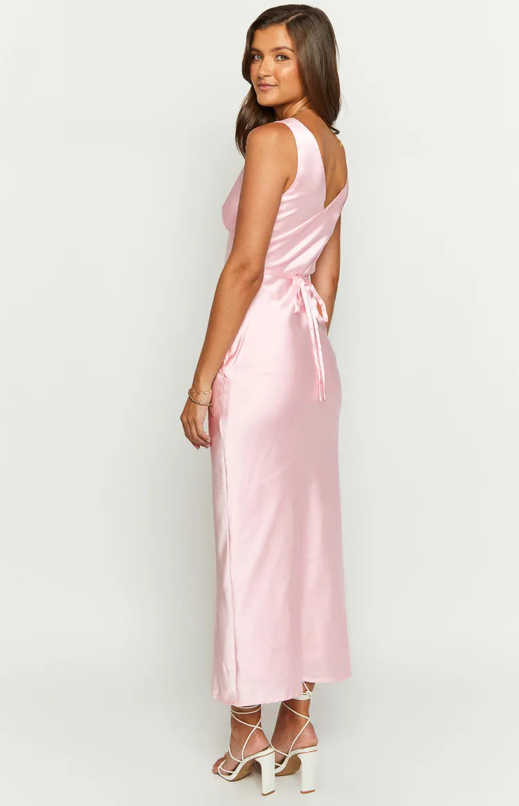 Stunning Blush Pink Satin Prom Dress Plunge V - Neckline Body - Conforming Fit and Elegant Drape for Formal Occasions