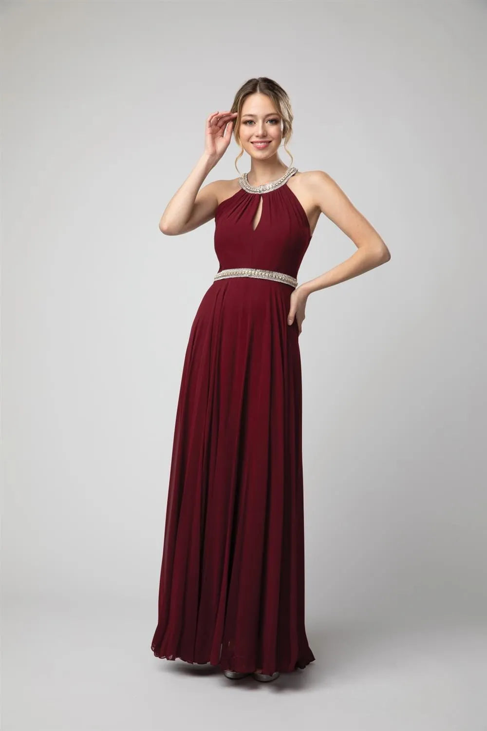 Stunning Burgundy Chiffon Prom Gown with Halter Neck Rhinestone Embellishments and Flowy Silhouette for Formal Events