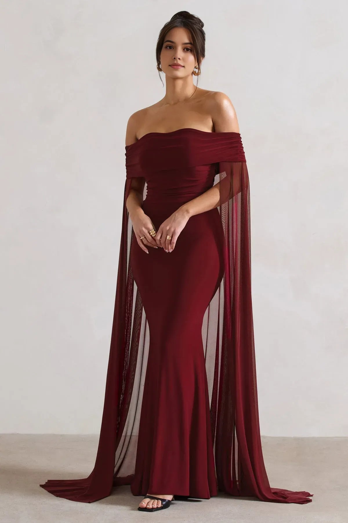 Stunning Burgundy Off - Shoulder Prom Dress with Enchanting Cape - Style Sleeves and Flattering Mermaid Silhouette