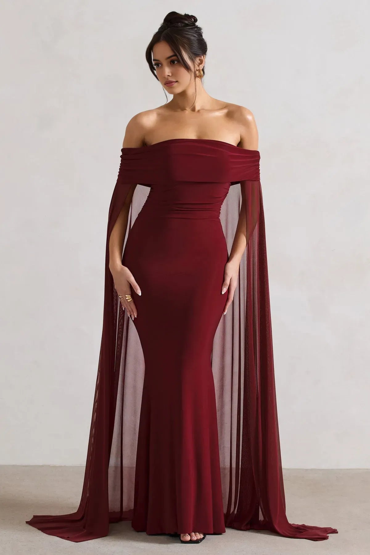 Stunning Burgundy Off - Shoulder Prom Dress with Enchanting Cape - Style Sleeves and Flattering Mermaid Silhouette
