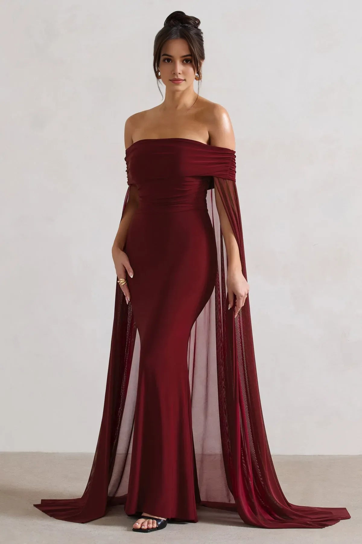 Stunning Burgundy Off - Shoulder Prom Dress with Enchanting Cape - Style Sleeves and Flattering Mermaid Silhouette