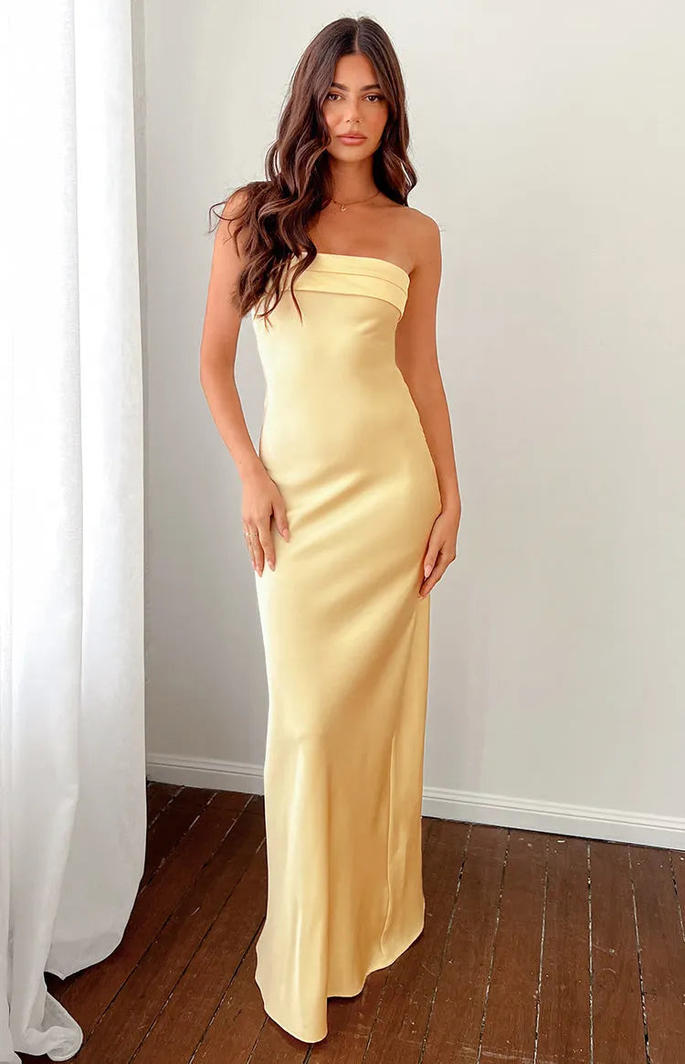 Stunning Champagne - Yellow Satin Prom Dress Strapless Draped Neckline Floor Length Silhouette for Formal Galas