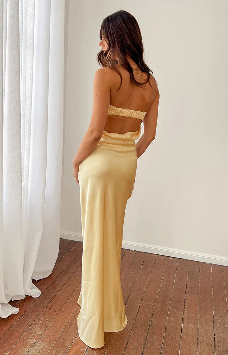 Stunning Champagne - Yellow Satin Prom Dress Strapless Draped Neckline Floor Length Silhouette for Formal Galas