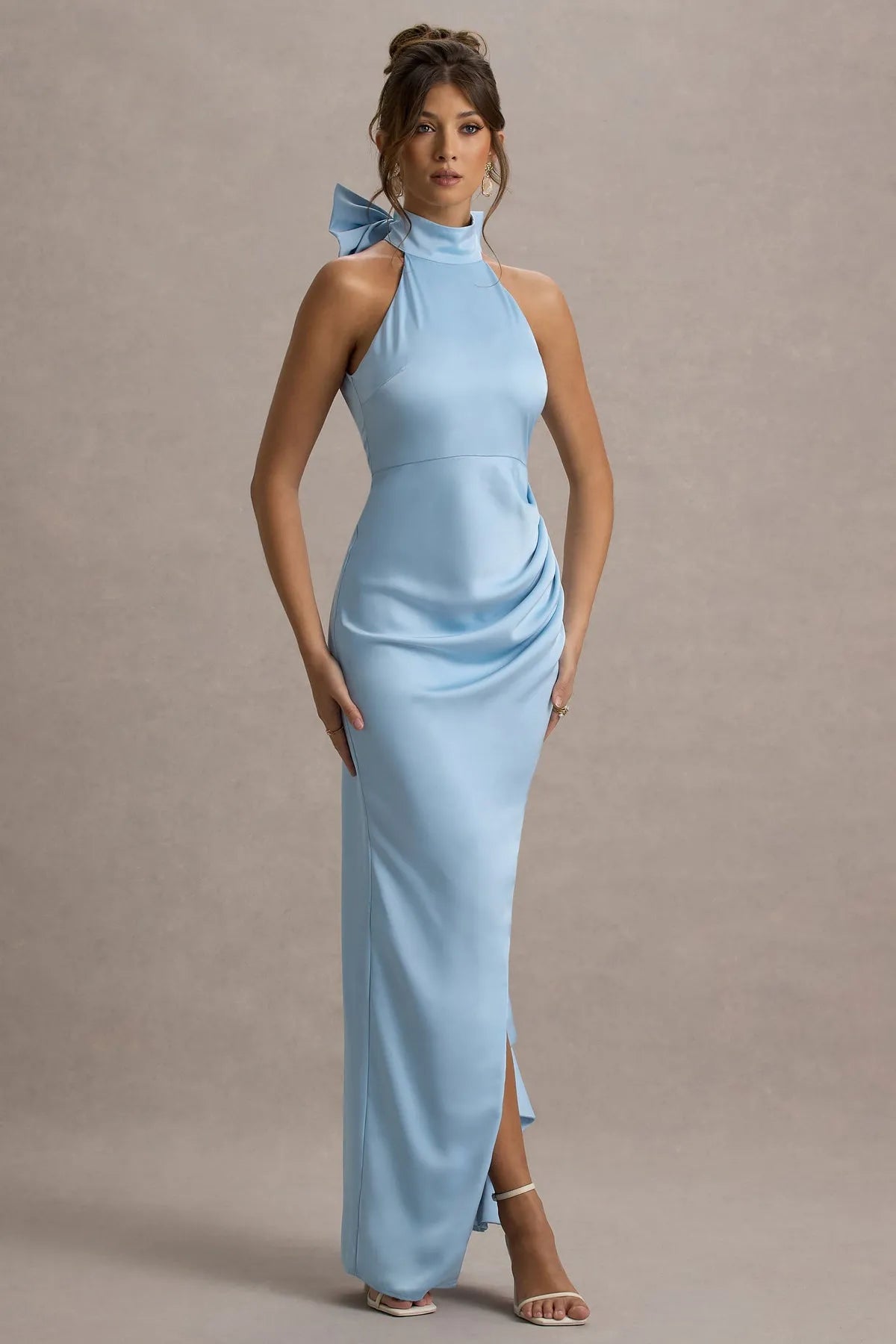 Stunning Light Blue Halter Prom Dress with Bow Detail Ruched Sides and Dramatic Ruffled Slit