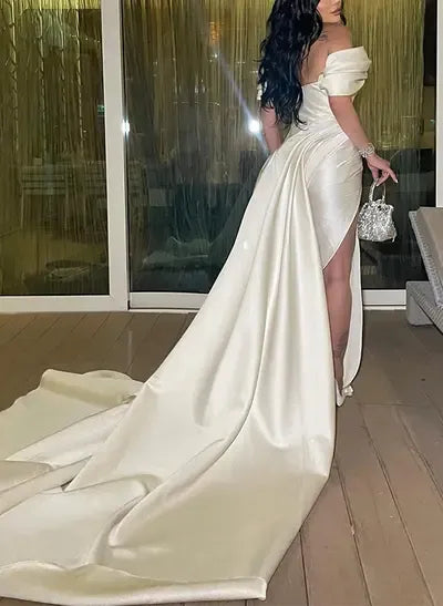 Stunning Mermaid Off-the-Shoulder Ruched White Train Prom Dress With Slit Custom