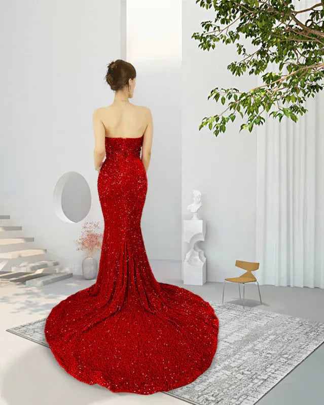 Stunning Mermaid Sweetheart Sequin Red Maxi Evening Dress for Women Custom