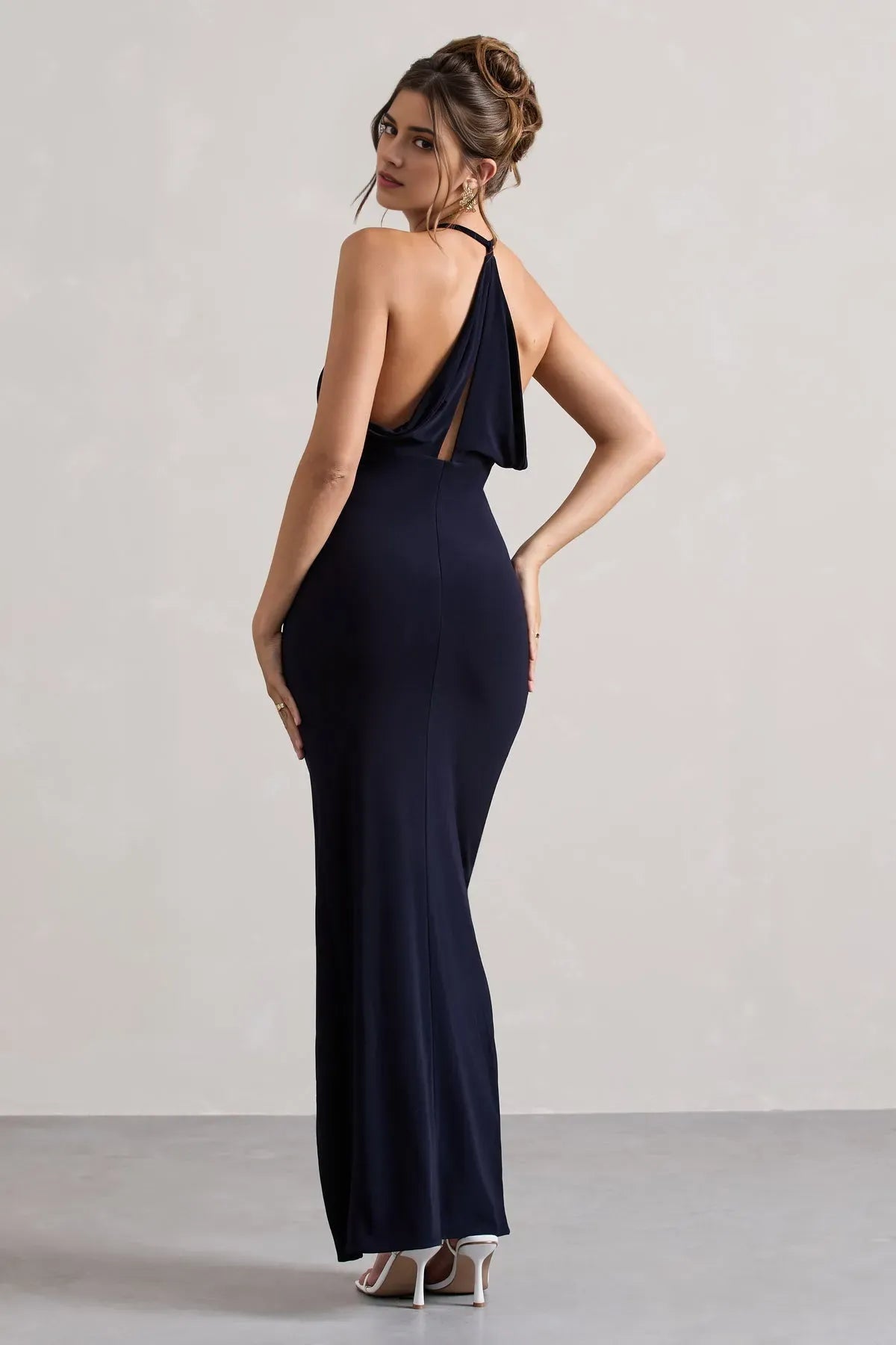Stunning Midnight Blue Halter V Neck Maxi Dress with Twisted Accent and Dramatic Side Slit