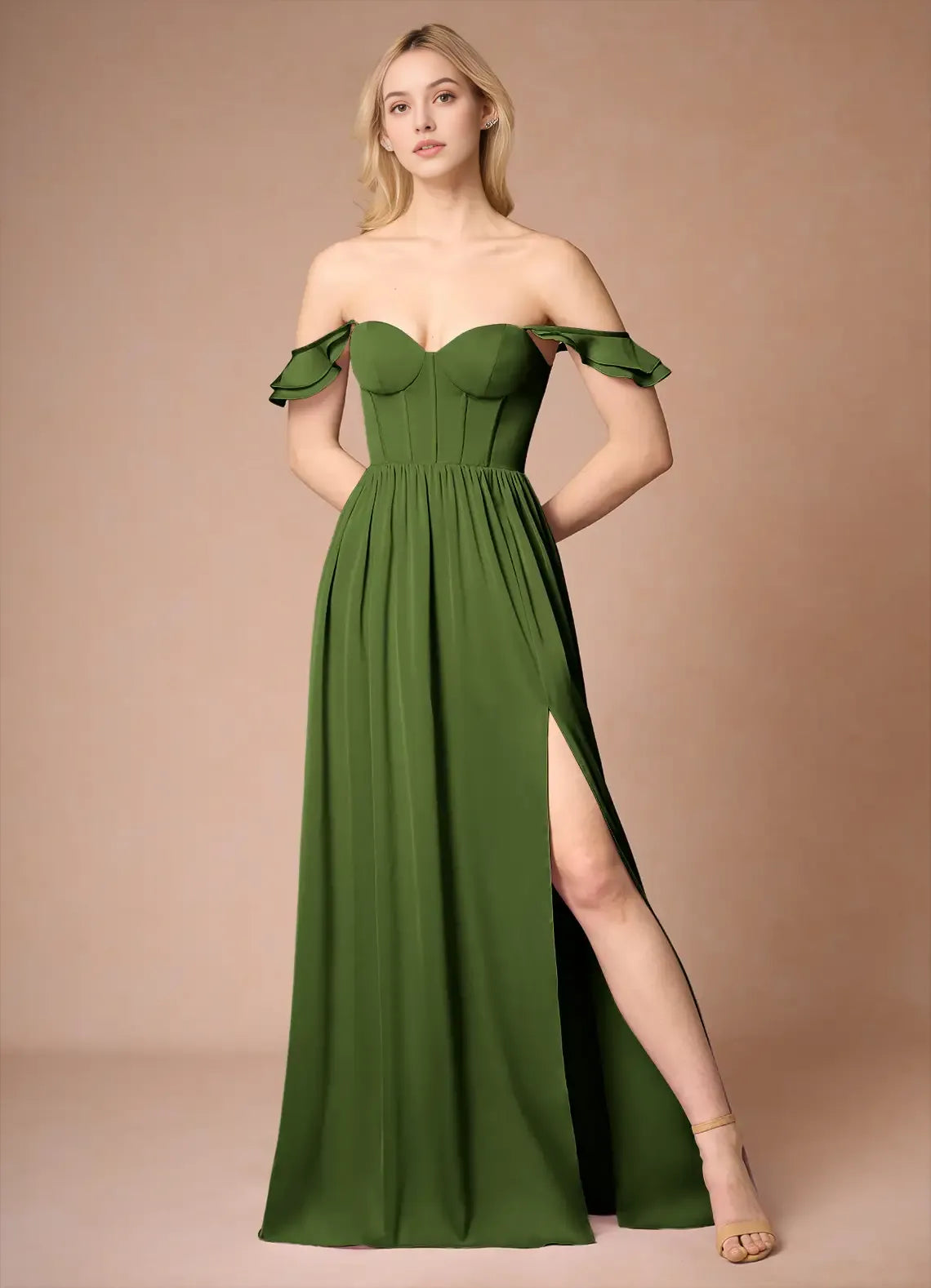 Stunning Olive Green Prom Dress Ruffled Shoulder Straps Sweetheart Neckline Corset Bodice and High Slit for Formal Galas