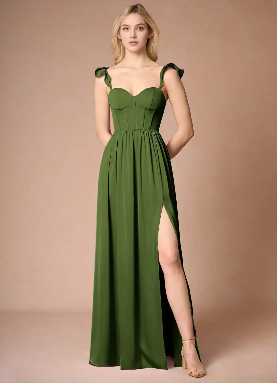 Stunning Olive Green Prom Dress Ruffled Shoulder Straps Sweetheart Neckline Corset Bodice and High Slit for Formal Galas