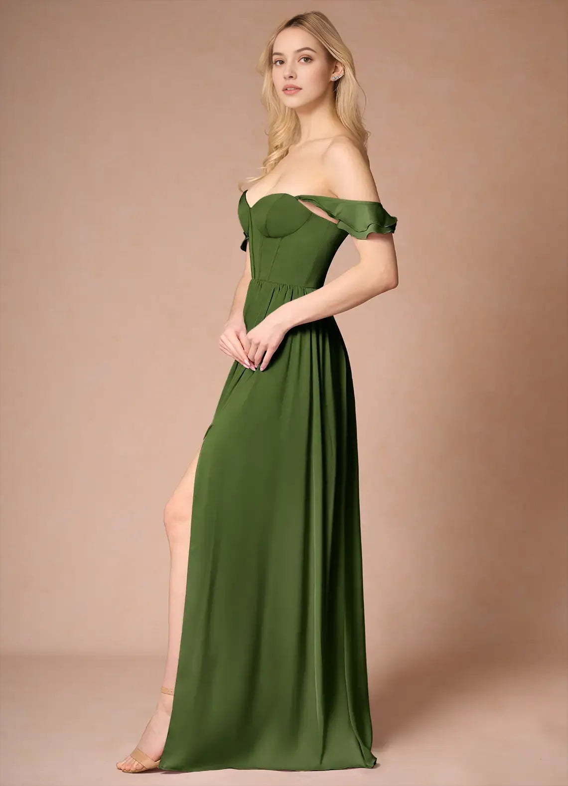 Stunning Olive Green Prom Dress Ruffled Shoulder Straps Sweetheart Neckline Corset Bodice and High Slit for Formal Galas
