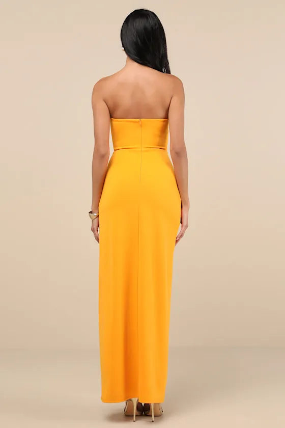 Stunning Orange Strapless Prom Dress with Ruched Bodice High-Thigh Side Slit and Figure-Hugging Silhouette for Formal Occasions