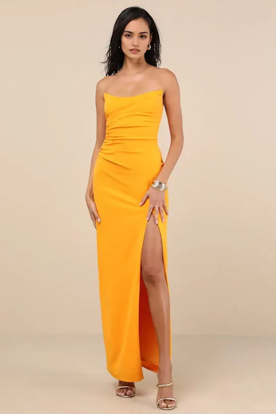 Stunning Orange Strapless Prom Dress with Ruched Bodice High-Thigh Side Slit and Figure-Hugging Silhouette for Formal Occasions