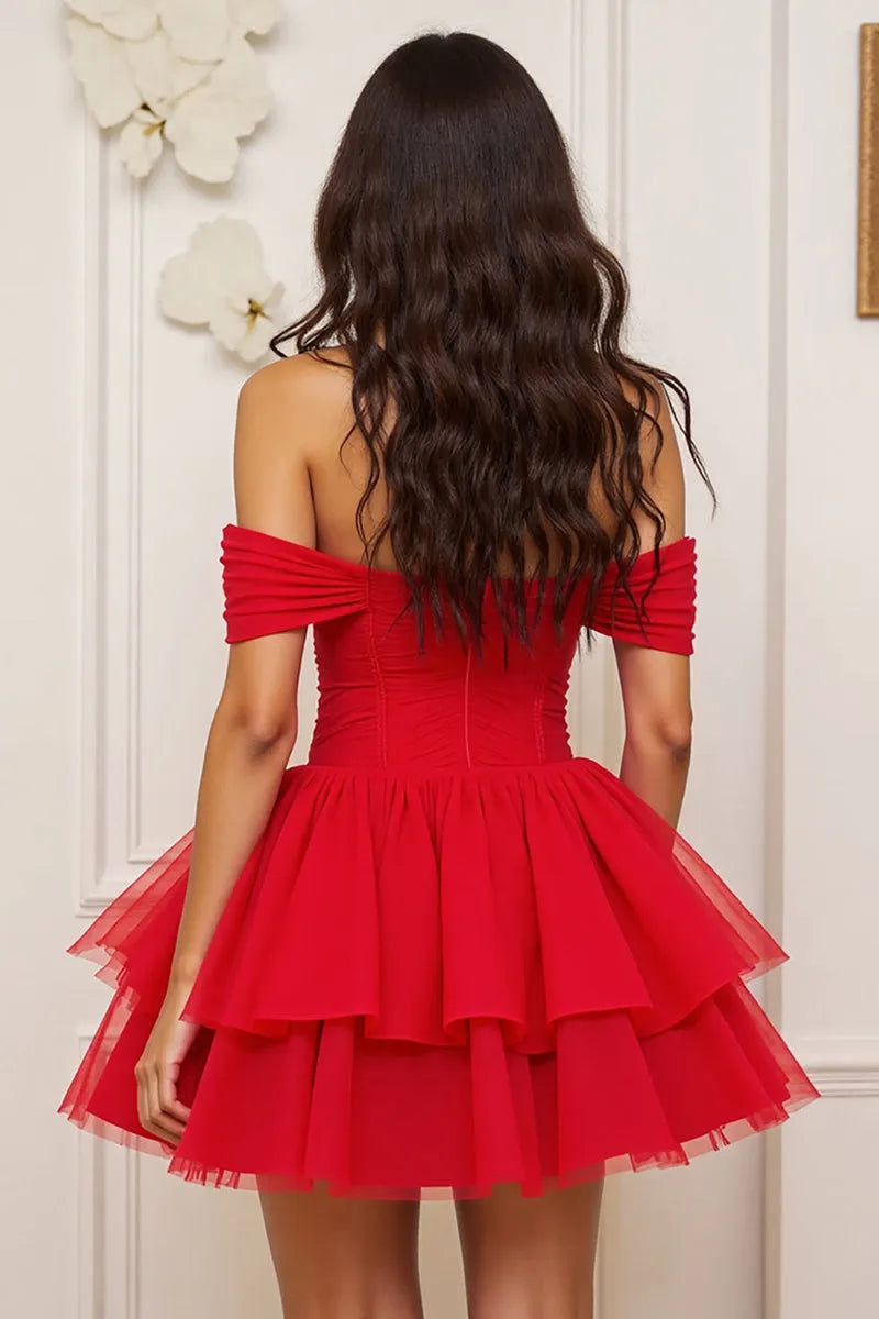 Stunning Red Tulle Off - Shoulder Homecoming Dress with Tiered Skirt
