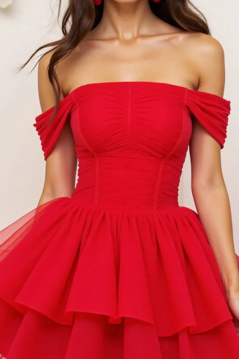 Stunning Red Tulle Off - Shoulder Homecoming Dress with Tiered Skirt