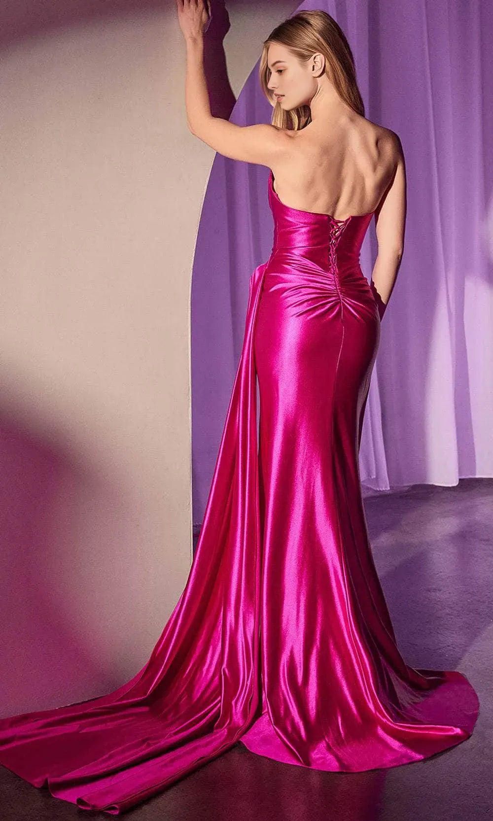 Stunning Strapless Black Satin Evening Dress with Corset Inspired Bodice Dramatic Draping and High Side Slit for Formal Events