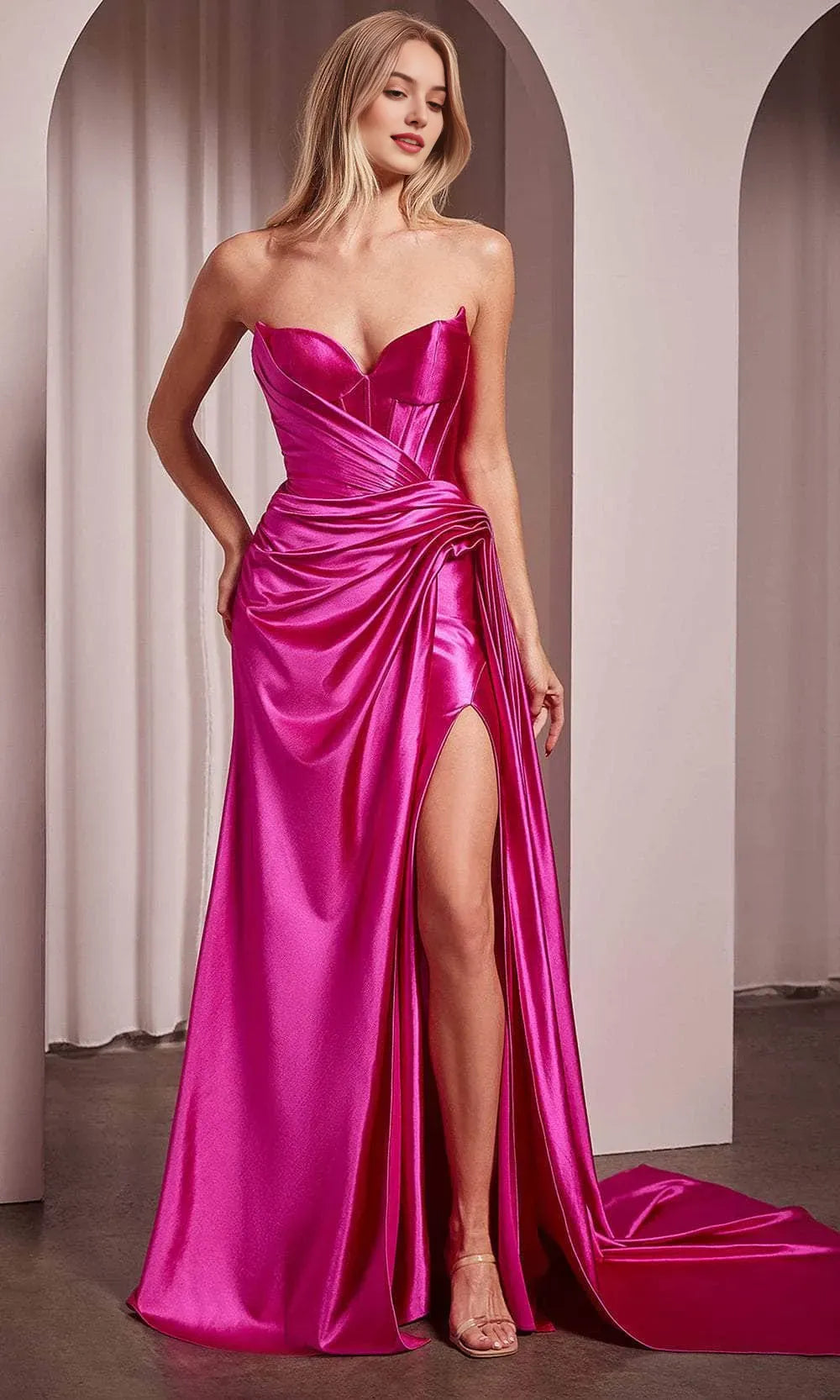 Stunning Strapless Black Satin Evening Dress with Corset Inspired Bodice Dramatic Draping and High Side Slit for Formal Events