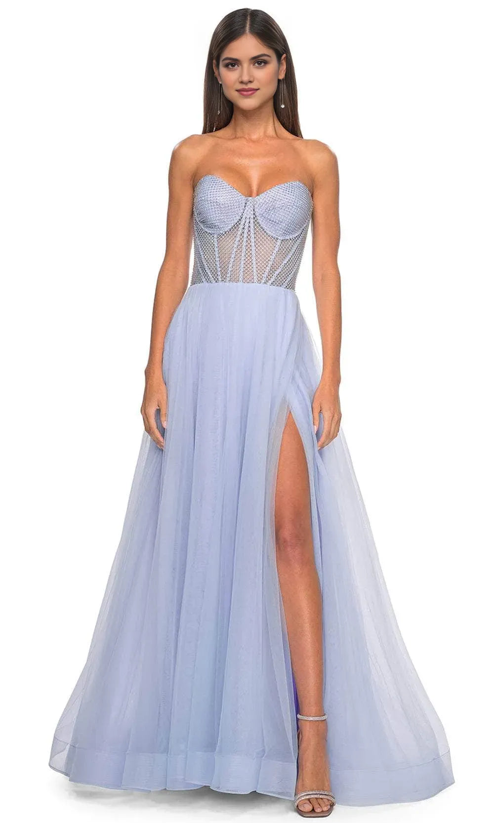 Stunning Strapless Green Tulle Prom Dress with Beaded Corset Bodice & High Side Slit – Perfect for Glamorous Ballroom Events and Foreign Trade Galas