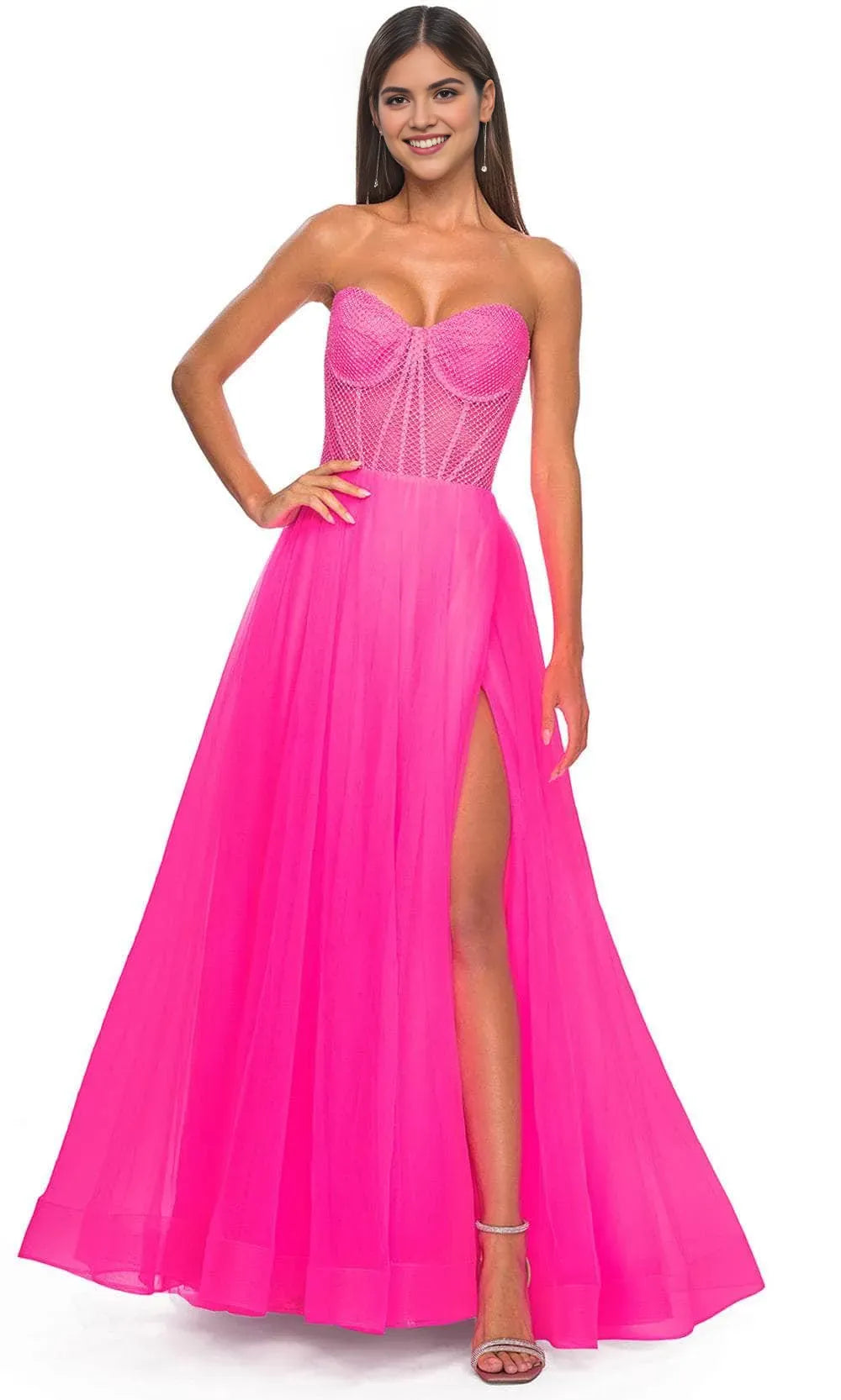 Stunning Strapless Green Tulle Prom Dress with Beaded Corset Bodice & High Side Slit – Perfect for Glamorous Ballroom Events and Foreign Trade Galas