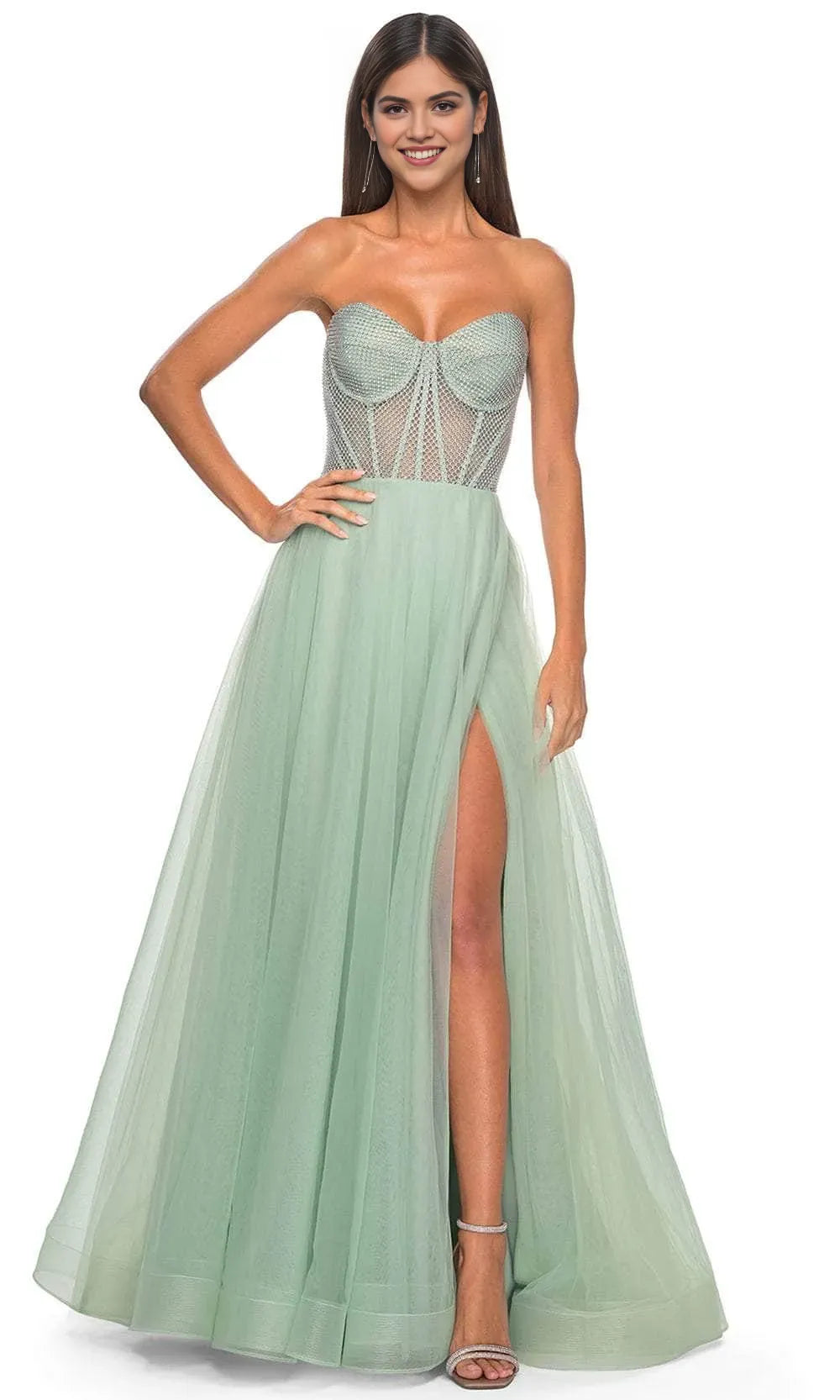 Stunning Strapless Green Tulle Prom Dress with Beaded Corset Bodice & High Side Slit – Perfect for Glamorous Ballroom Events and Foreign Trade Galas