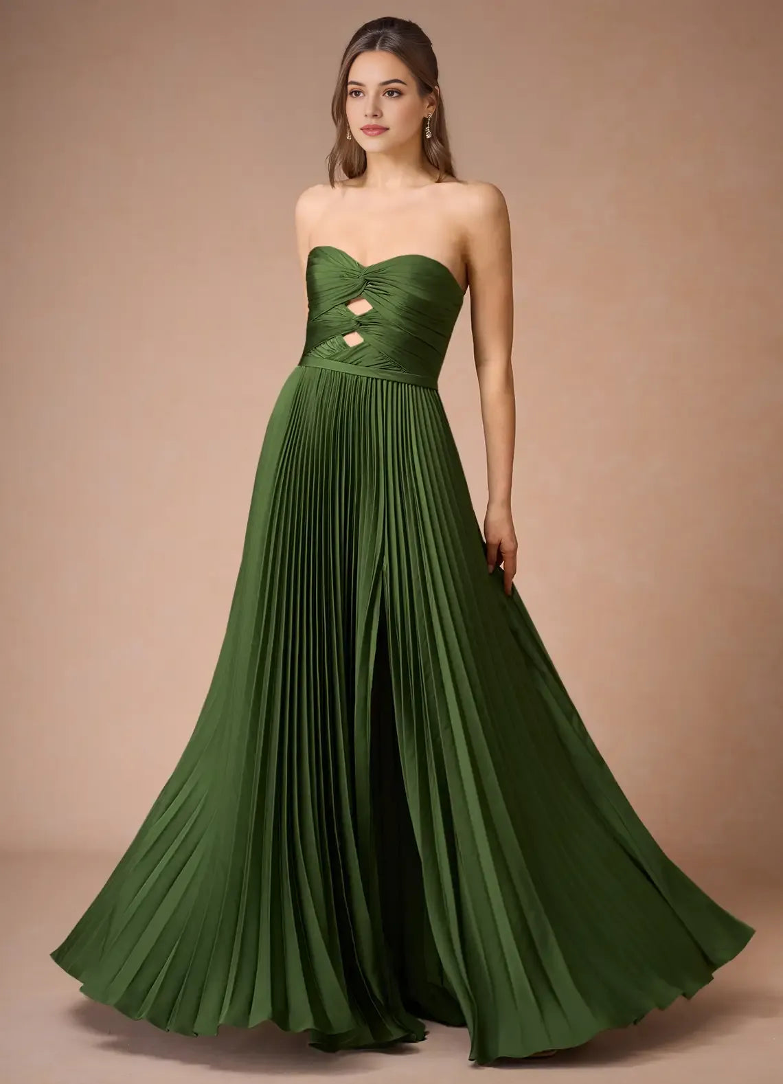 Stunning Strapless Olive Green Prom Dress with Pleated Skirt Cut Out Accents and High Slit for Formal Galas