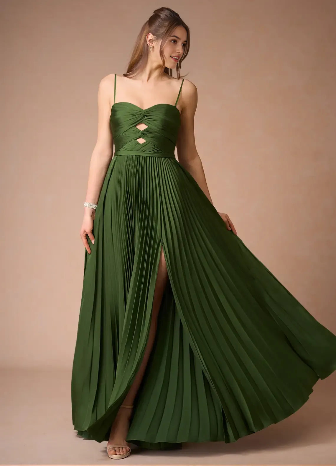 Stunning Strapless Olive Green Prom Dress with Pleated Skirt Cut Out Accents and High Slit for Formal Galas