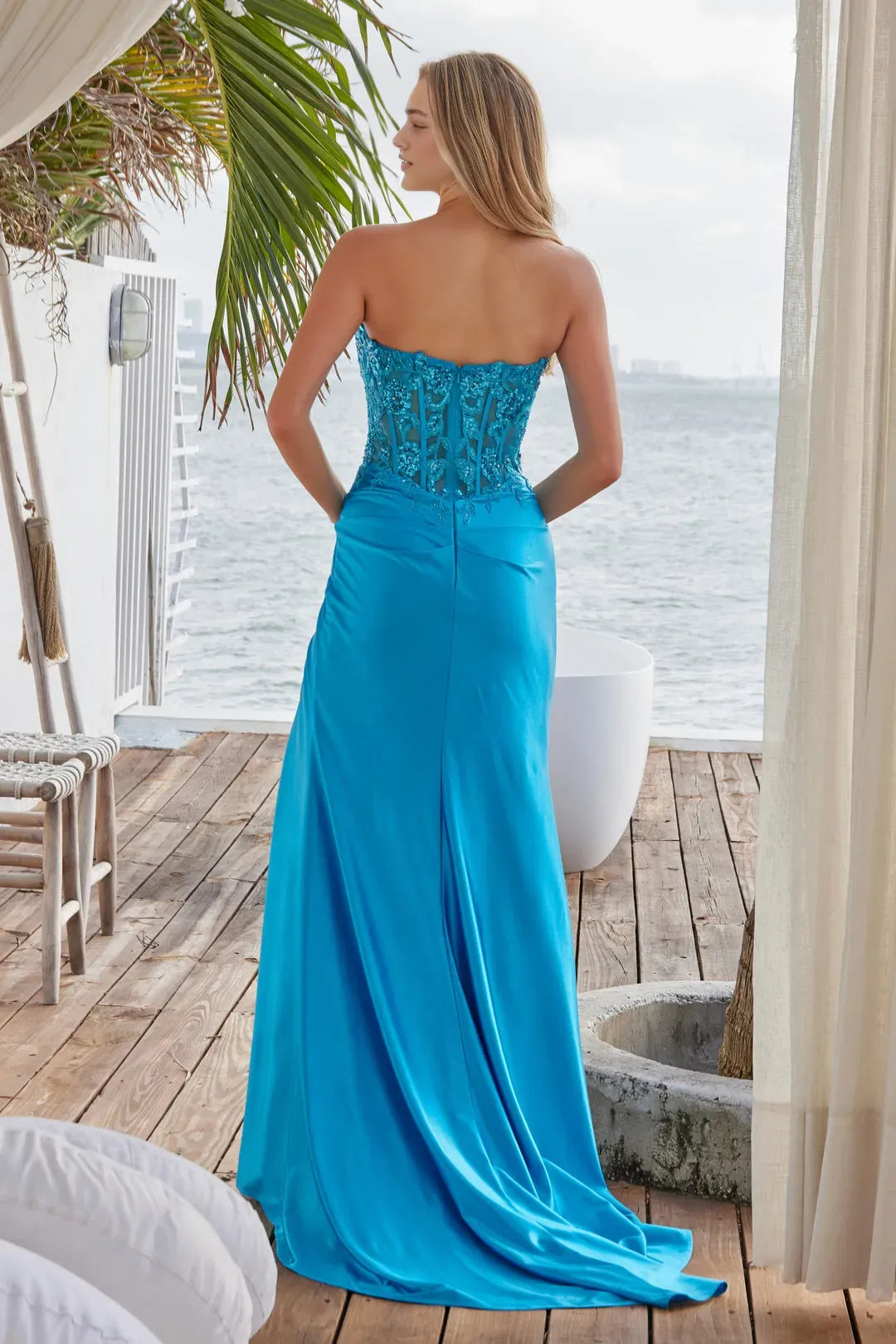 Stunning Strapless Turquoise Prom Gown with Embroidered Tulle Bodice Satin Skirt and High Side Slit for Formal Occasions