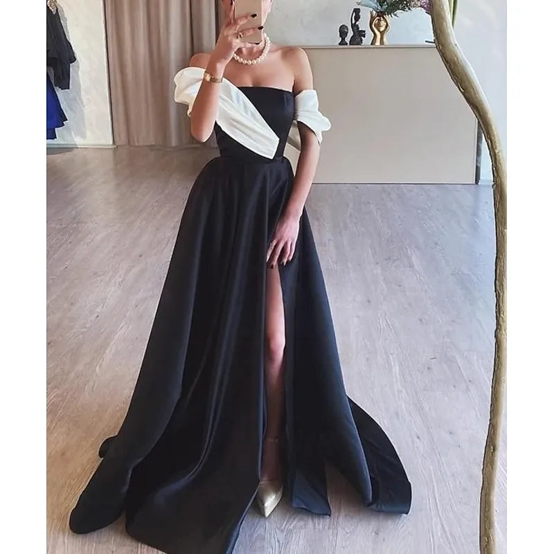 Stylish Ball Gown Off Shoulder Ruched Color Block Satin Black Prom Dress With High Slit