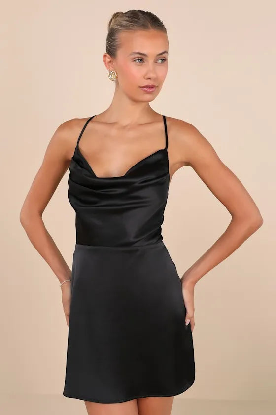 Stylish Black Homecoming Dress Satin Cowl Neck Spaghetti Straps  Redefine Chic for Your Big Night