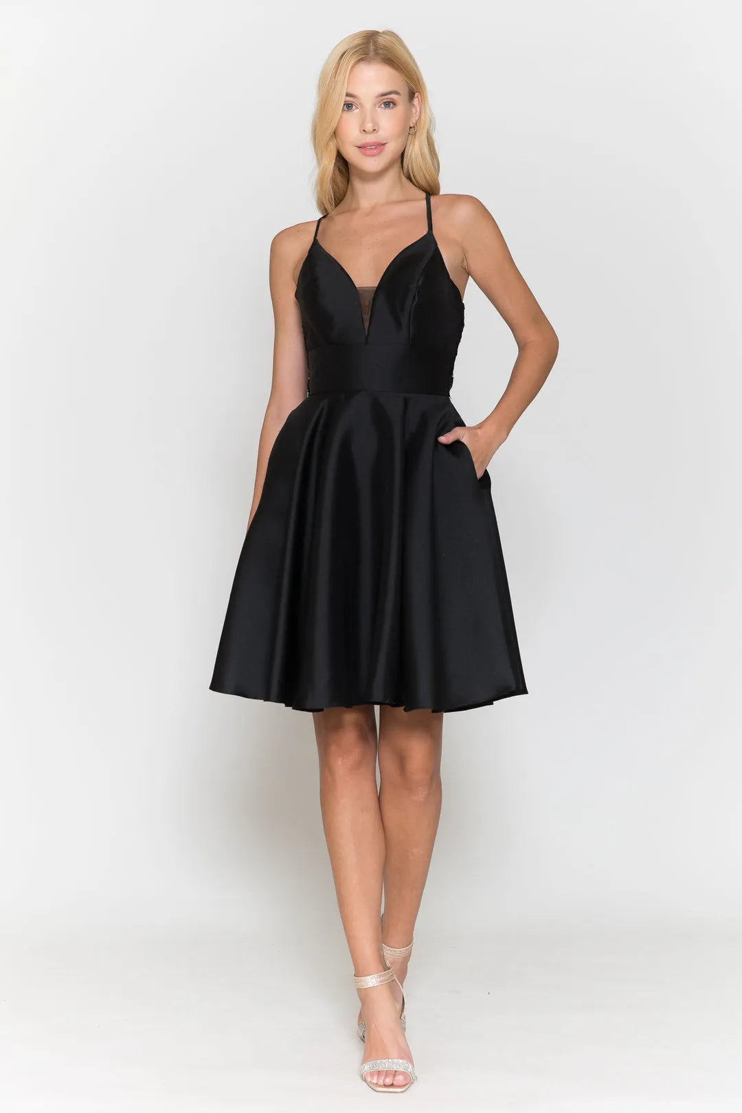 Stylish Black Spaghetti Strap Homecoming Gown Deep V - Neck Satin Functional for Teen School Events