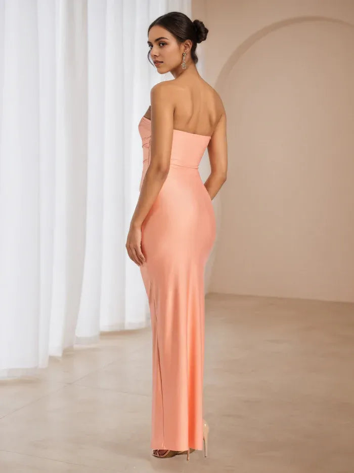 Stylish Coral Strapless Bodycon Prom Dress Ruched Detailing High - Slit Maxi Gown  Ideal for Evening Events